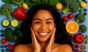 Woman surrounded by fruits and vegetables
