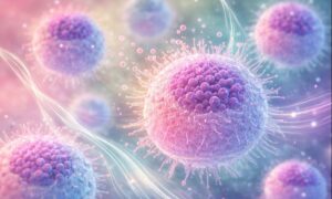 Abstract illustration of mast cells releasing mediators, representing neuroimmune signaling and the skin’s response to stress and sensory input.
