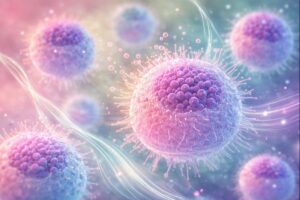 Abstract illustration of mast cells releasing mediators, representing neuroimmune signaling and the skin’s response to stress and sensory input.
