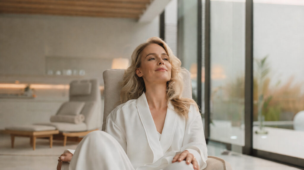 Woman in white robe relaxing in a wellness setting during post-surgical recovery