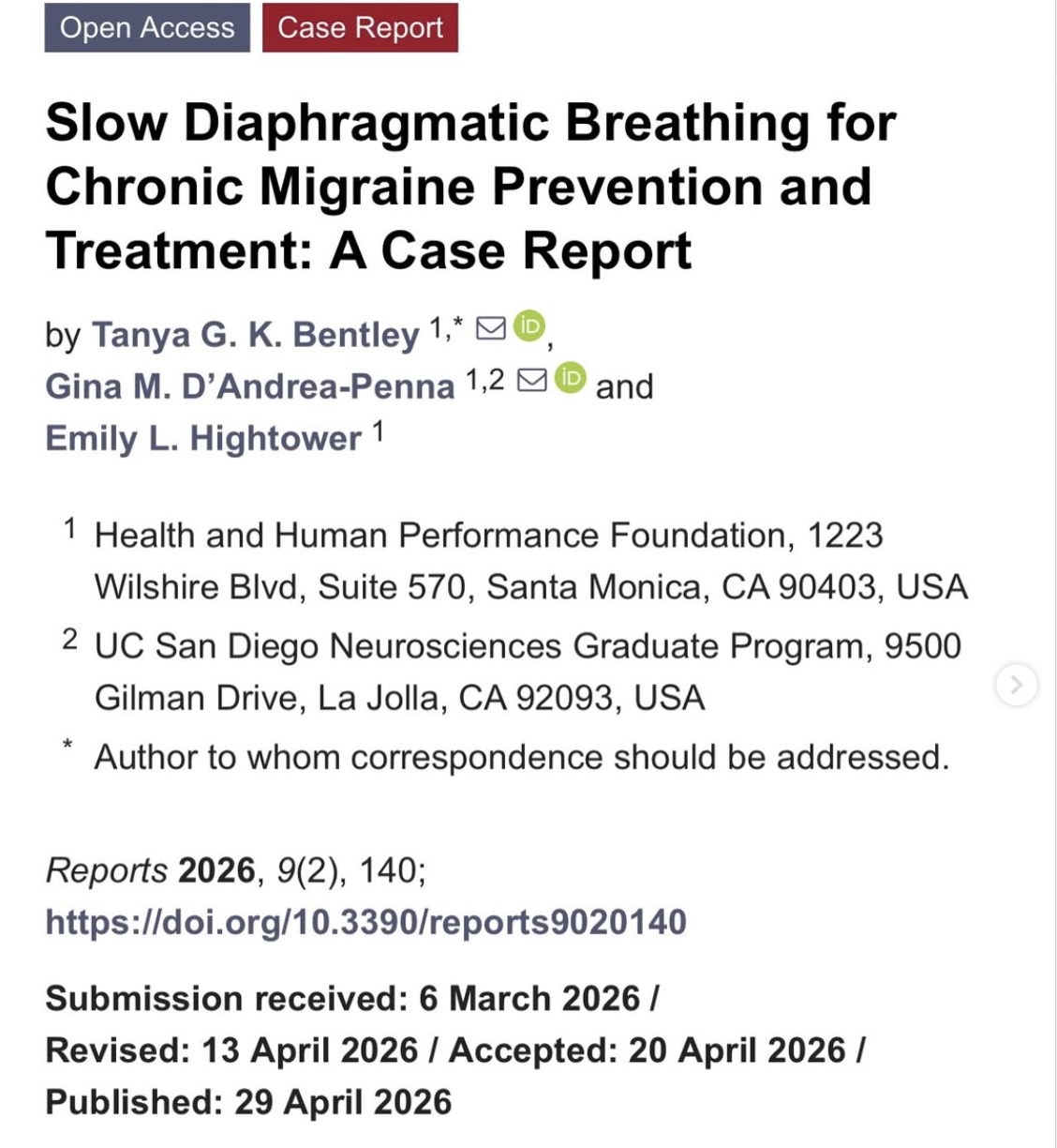 Health & Human Performance Foundation Research: Slow Diaphragmatic Breathing x Chronic Migraine Prevention and Treatment