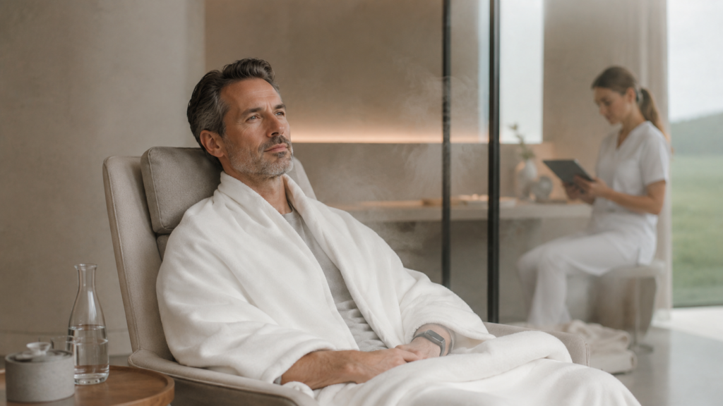 Cryotherapy for chronic fatigue: adult patient resting in a clinical wellness recovery room while a practitioner monitors biomarker data.