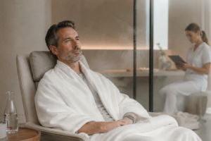 Cryotherapy for chronic fatigue: adult patient resting in a clinical wellness recovery room while a practitioner monitors biomarker data