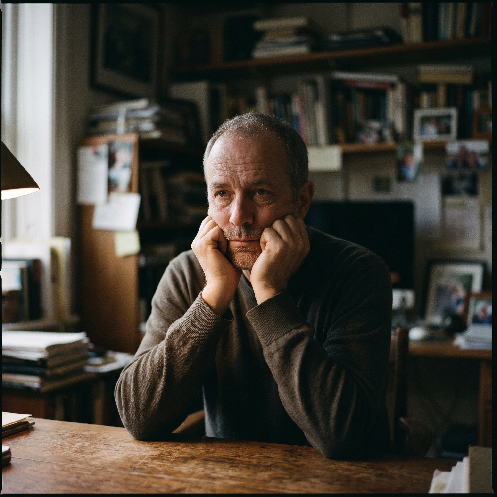 The contemplative and slightly burdened appearance of the man in this image reflects the article's focus on the psychological wellbeing of men in their fifties. It visually represents the emotional weight of midlife dissatisfaction, the feeling of relentless financial responsibilities, and the complex realization that life has not turned out exactly where they thought they would be.